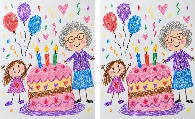 A crayon drawing of a girl, grandma and a birthday cake, and the same picture with flickering candles