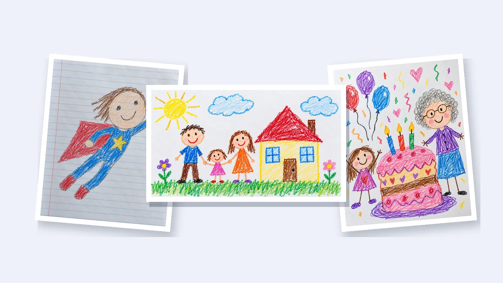 Three children's crayon drawings: a flying superhero, a family in front of their house and a birthday cake with grandma