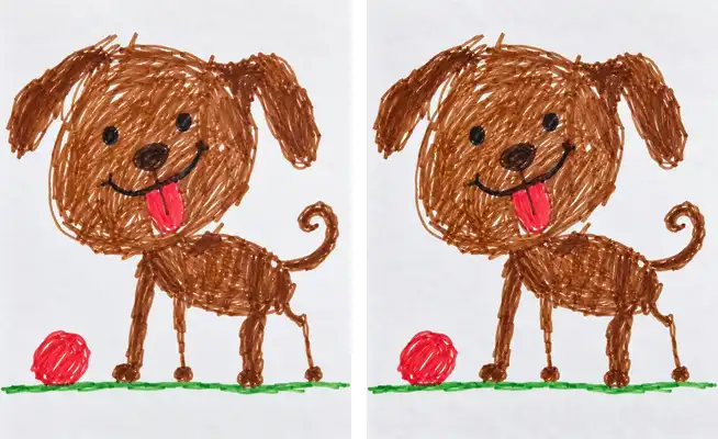 A marker drawing of a brown dog, and the same dog walking toward a red ball