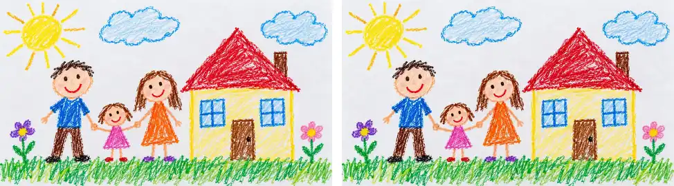 A crayon drawing of a family in front of a yellow house, and the same family waving and walking