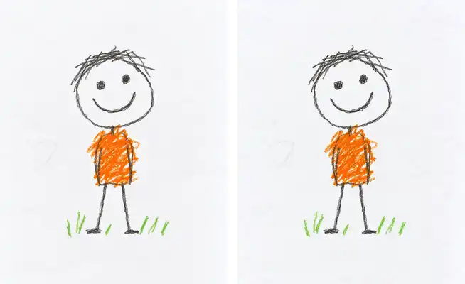 A stick figure in an orange shirt, and the same figure waving