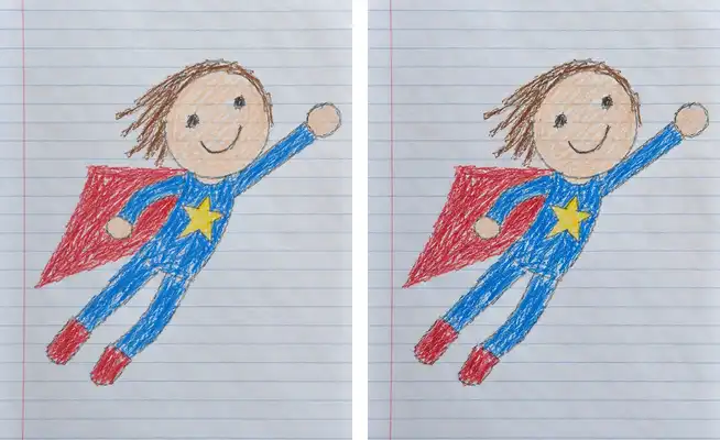 A colored-pencil superhero girl on lined paper, and the same superhero flying with her cape flapping