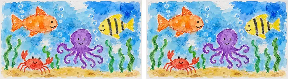 A watercolor underwater drawing, and the same scene with the fish, octopus and seaweed moving