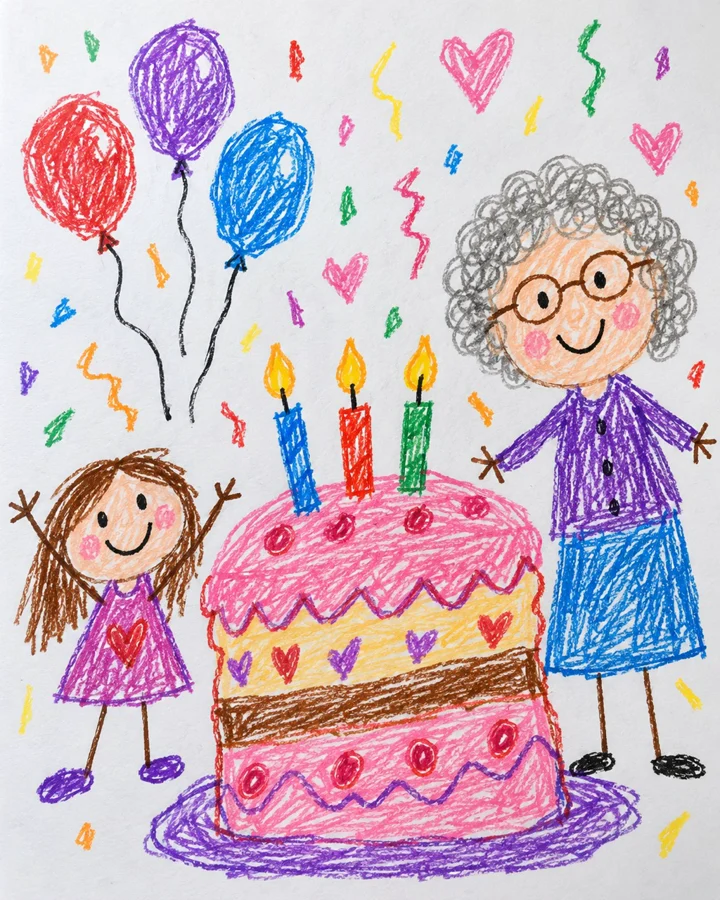 Drawing: A crayon birthday drawing of a cake with candles, a grandma and a small figure