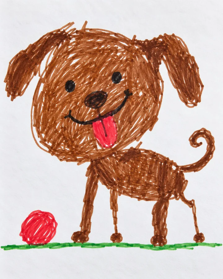 Drawing: A felt-tip marker drawing of a happy brown dog with a red ball