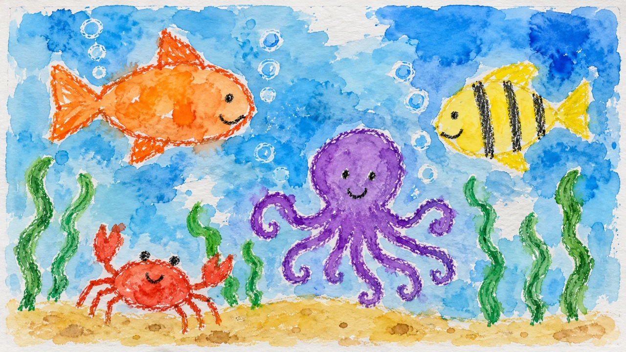 Drawing: A crayon and watercolor underwater scene with fish, an octopus, seaweed and a crab